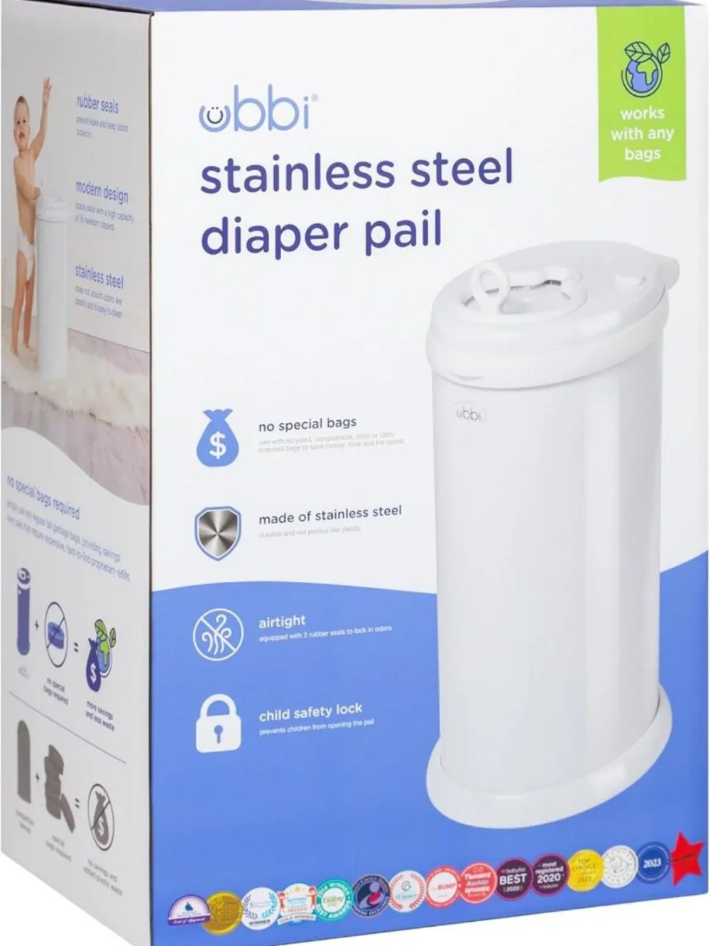 Stainless Steel Diaper Pail - Odor-Locking, Childproof Lid, Holds 55 Diapers